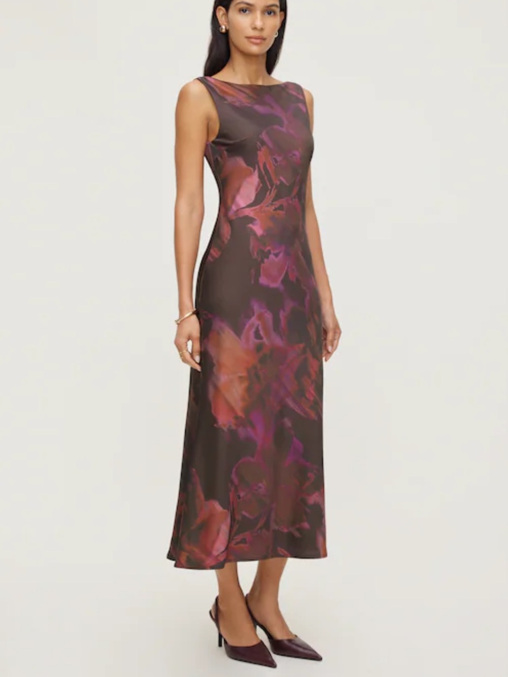 Dynamite Floral Satin Maxi Slip Dress in Brown and Purple